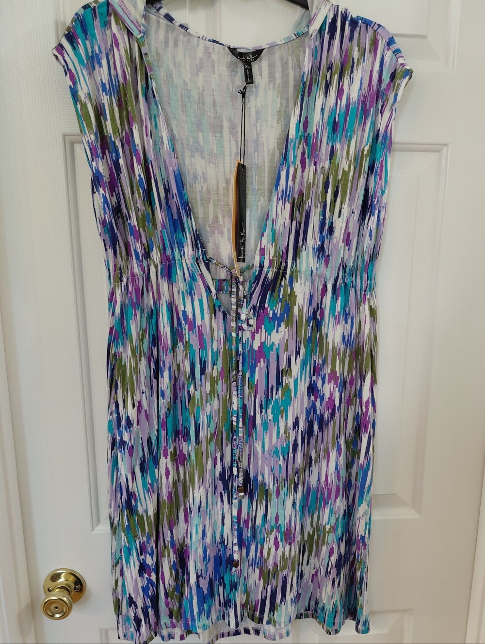 Nicole Miller Blue Purple Green Multicolor V-Neck Tie-Front Tunic